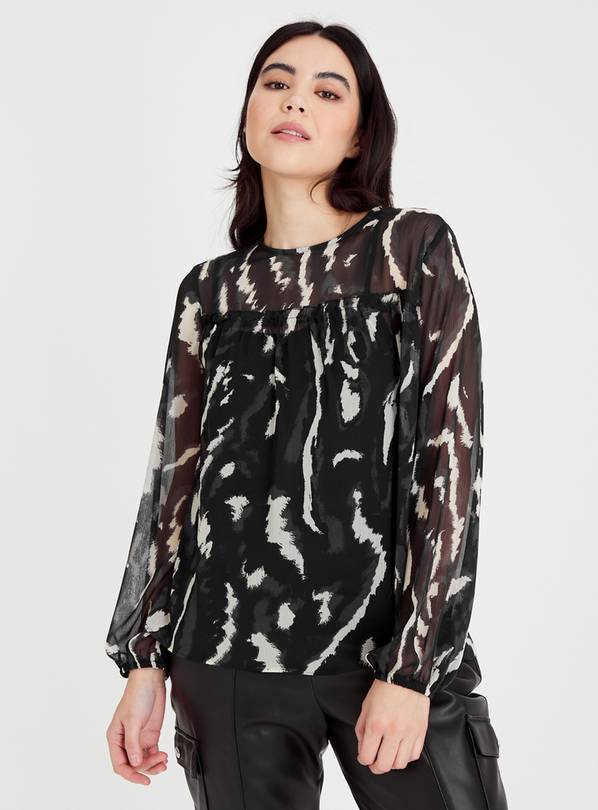 Black Smudge Print Sheer Blouse 10